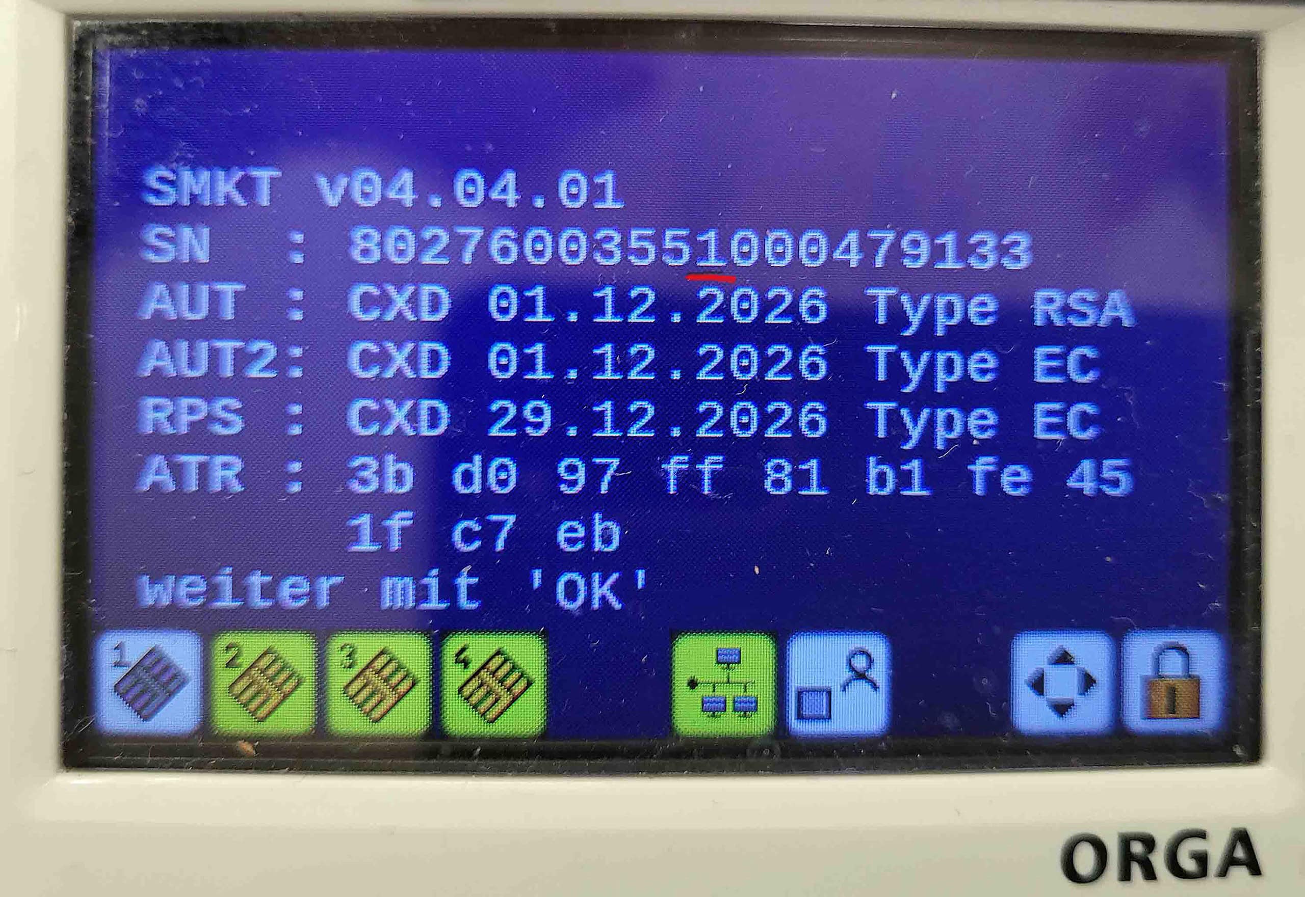 Anzeige Menü_Service_Test_Einzeltest Anzeige gSMC-KT über das Menü des ORGA 6141 online/Neo